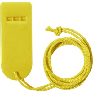A yellow whistle with a textured surface and a attached cord for easy handling. It features a logo on the side.