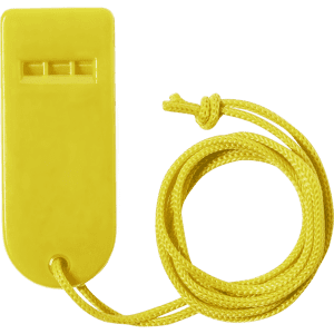 A bright yellow whistle with a braided yellow cord attached, featuring a logo on the front.