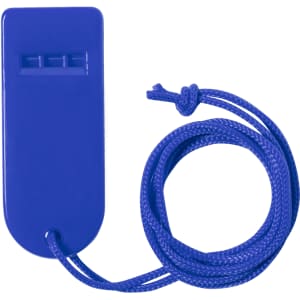 A blue whistle with a cord attached, featuring three holes for sound variation. It includes a logo.