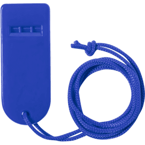 A blue whistle with a textured surface and a braided cord attached.