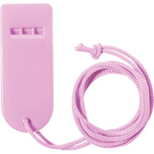 A pink whistle with a lanyard attached. The whistle features three holes for sound variation.