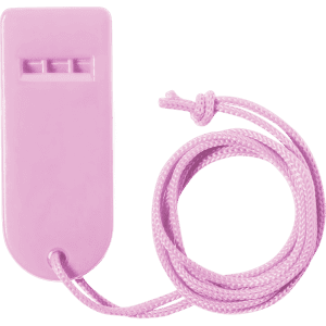 A pink whistle with a braided cord attached, designed as a fun novelty item. It features a simple, smooth design.