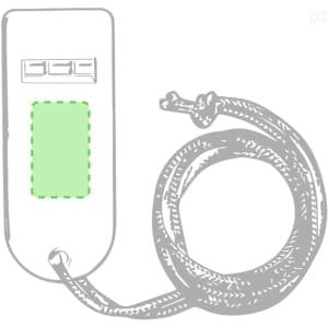 A novelty whistle in white with a green section and a black cord attached. Features a logo.