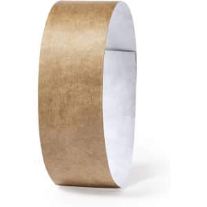 A gold, metallic wristband displaying a smooth surface and a glossy finish, featuring a logo on one side.