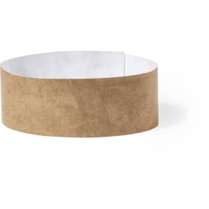 A brown wristband made of paper material, featuring an inner white surface, suitable for events.