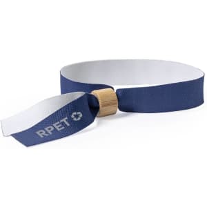 A navy blue wristband featuring a bamboo fastener and a logo, made from recycled materials.