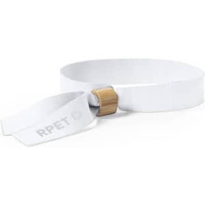 A white Broch Bracelet made of RPET material, featuring a bamboo fastening.