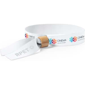 A white wristband made of RPET material featuring a wooden fastener and colourful branding elements.