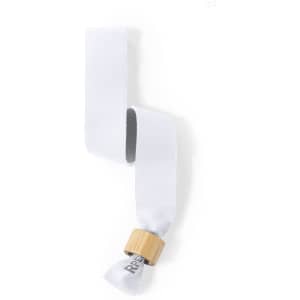 A white wristband with a wooden fastening, designed for events and exhibitions. Includes a logo.