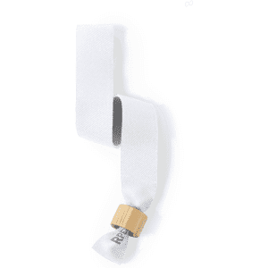 A white fabric wristband with a wooden clasp, featuring a branding logo.