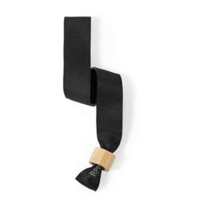 A black fabric wristband featuring a wooden accent. Suitable for exhibitions and events.