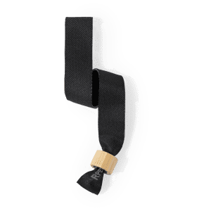 A black wristband with a wooden clasp, designed for events and exhibitions. It features a simple, modern design.
