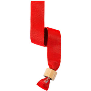 A red wristband made of fabric with a wooden clasp, featuring a logo. Suitable for events and exhibitions.