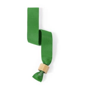 A green fabric bracelet with a wooden clasp, designed for events and exhibitions.