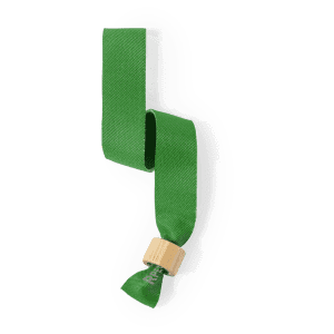 A green event wristband made of fabric, featuring a wooden clasp and a logo.