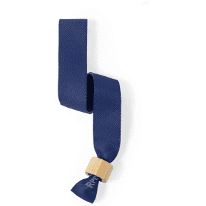 A navy blue wristband made of fabric with a wooden attachment. The design is sleek and minimalist.