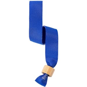 A blue wristband featuring a bamboo bead, designed for events and exhibitions. It has a sleek fabric finish.