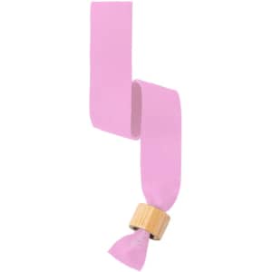 A pink fabric wristband with a wooden clasp. Suitable for events and exhibitions.