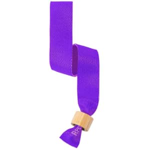 A purple wristband made of fabric with a wooden clasp featuring a logo. Ideal for events and exhibitions.