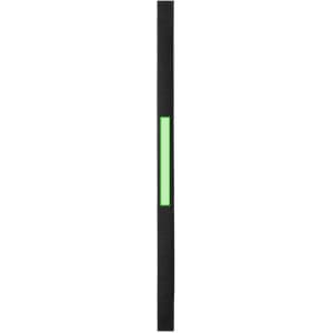 A black wristband with a green reflective strip, featuring a logo.