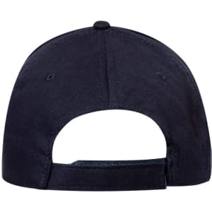 A navy blue cap featuring a rear fastening and ventilation holes, with a branding logo.