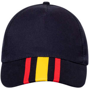 A navy cap featuring a striped design in red, yellow, and black on the brim. It also has a logo on the front.