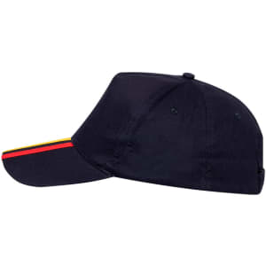 A navy cap with a curved brim and colourful stripes along the side. It features a logo on the front.