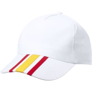 A white cap with a striped design featuring red and yellow lines on the peak. It includes a logo on the front.