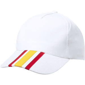 A white cap featuring a curved brim with red, yellow, and red stripes. Includes a logo on the front.