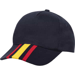 A navy cap featuring red, yellow, and black stripes on the peak and a logo on the front.