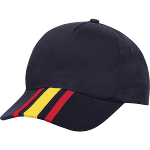 A navy cap with a curved peak featuring red, yellow, and black stripes on the front. It has a logo on the side.