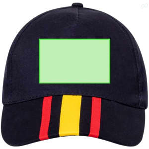 A navy cap featuring a green blank area on the front and red and yellow stripes on the visor.