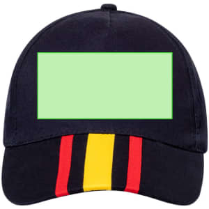 A navy cap featuring red, yellow, and black stripes on the brim and a blank space on the front for customisation.