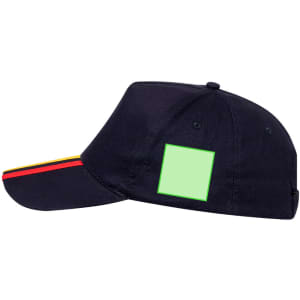 A navy cap with a solid green patch on the side and a striped design along the brim. It features a logo.