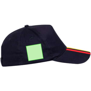 A navy cap with a green square area and a red and yellow striped detail on the brim, featuring a logo.