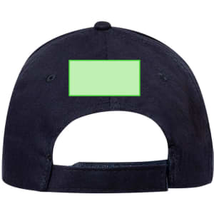 A navy cap featuring an adjustable strap and a blank green section on the back.