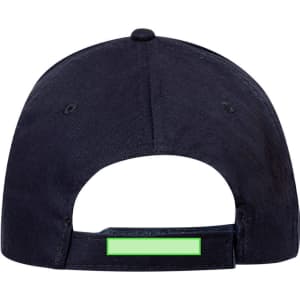 A navy cap with a green accent on the adjustable strap and a logo on the back.