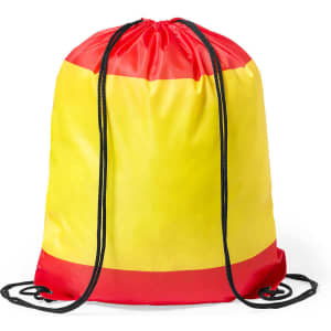 A yellow and red drawstring bag with black cords and a simple design. It features a logo on the surface.