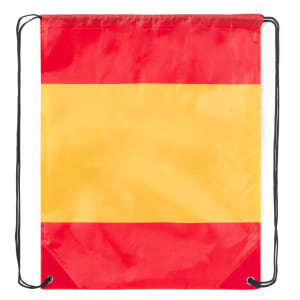 A red and yellow drawstring bag featuring a flag design, with black cord handles and a branding logo.