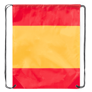 A drawstring bag featuring the colours of the Spanish flag: red and yellow, with a black drawstring.