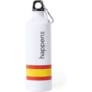 A drink bottle in white with red and yellow stripes, featuring a logo and a carabiner clip.