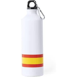 A drink bottle in white with red and yellow stripes, featuring a black cap and a carabiner clip.