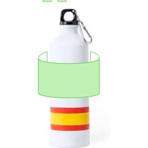A drink bottle with a white body, featuring red and yellow stripes and a black lid with a carabiner.