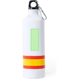 A drink bottle in white with red and yellow stripes and a carabiner clip. It features an empty green label area.