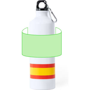 A drink bottle in white with red and yellow stripes, featuring a black lid and a carabiner.