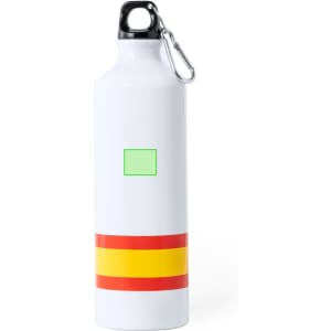 A drink bottle in white with red and yellow stripes and a clip for convenience, featuring a logo.