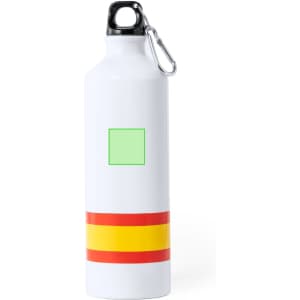 A drink bottle in white with a red and yellow stripe pattern and a carabiner clip. It features an empty square area.