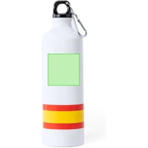 A drink bottle in white with red and yellow stripes, featuring a space for custom branding.