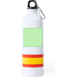 A drink bottle in white with red and yellow stripes, featuring a blank green area for customisation.