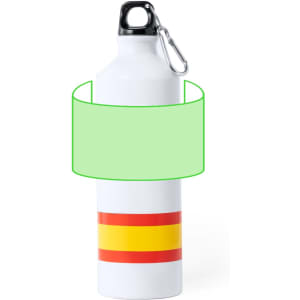 A drink bottle in white with red and yellow stripes, featuring a round cap and a carabiner clip.